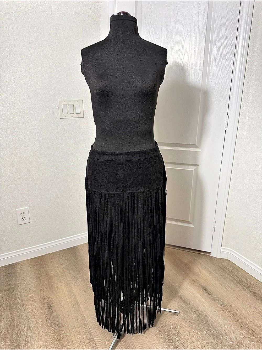 JOH Faux Suede Fringe Maxi Skirt Black Large